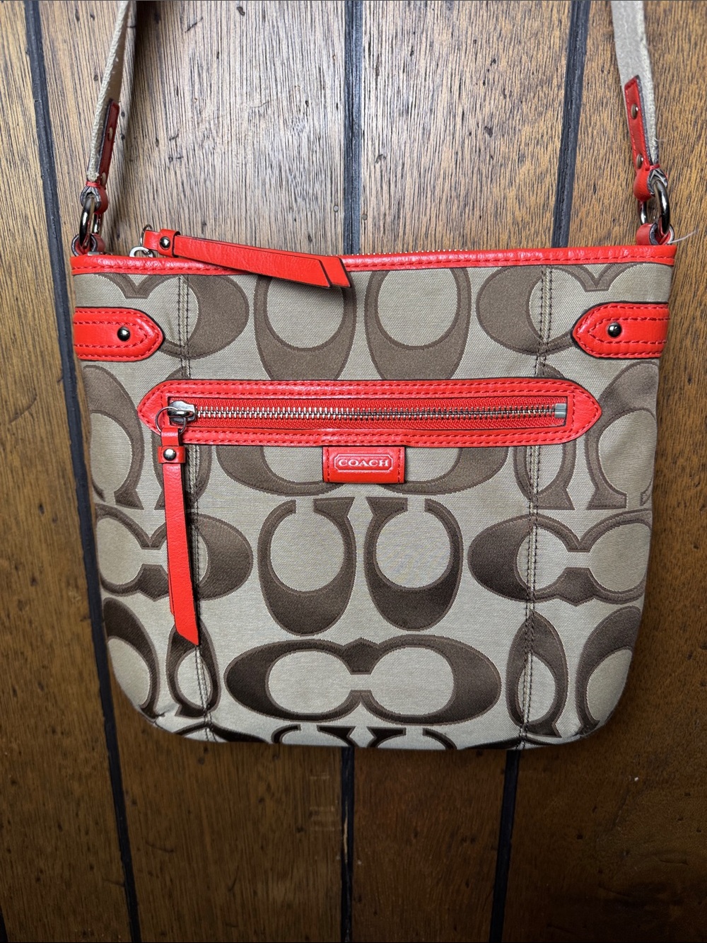 Coach Poppy Signature File Crossbody Bag #F24061 with Orange Trim